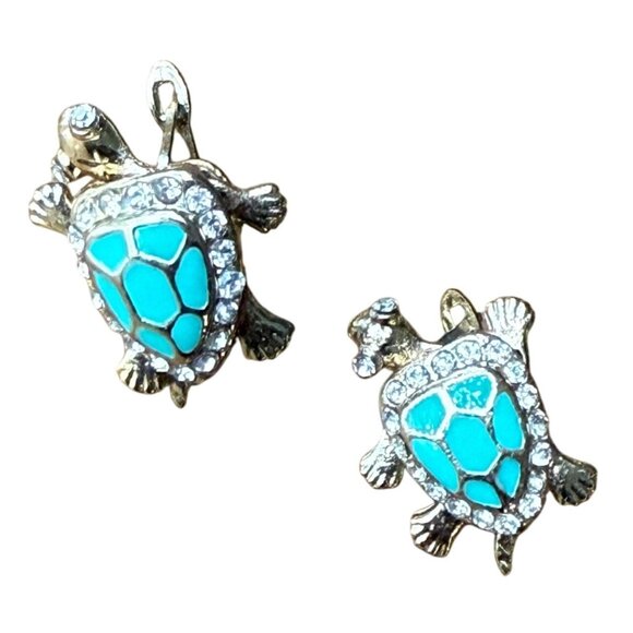 Blue Enamel Pave Rhinestone Turtle Clip-On Stud Earrings Gold Tone Nature - Picture 1 of 8